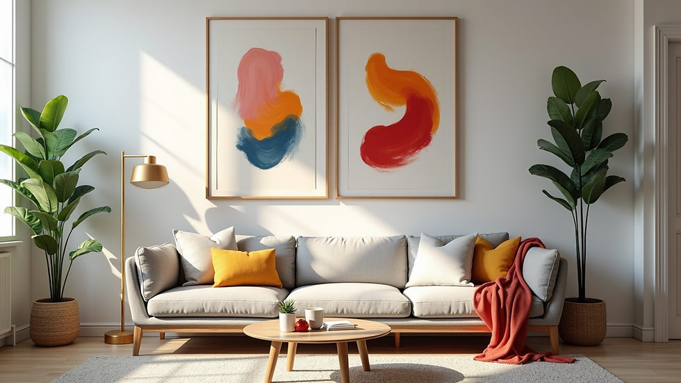 Eye-level view of a cozy living room wall adorned with vibrant abstract paintings