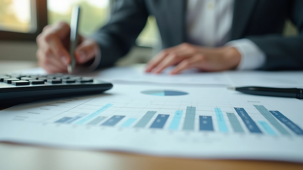 Eye-level view of a desk with financial documents and a calculator