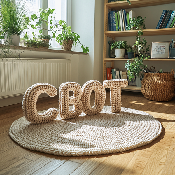 תמונת ai של המילה CBOT סרוגה מחבלים ומונחת על שטיח חבלים עגול בקליניקה