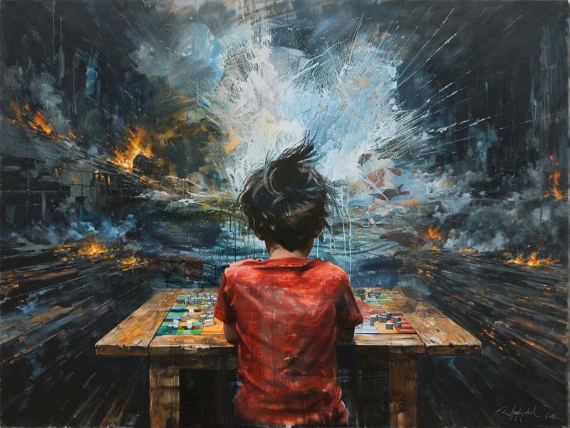 איור של ילד יושב בגבו ליד שולחן ומשחק במשחק קופסא, מסביבו כאוס כאילו סוף העולם הגיע