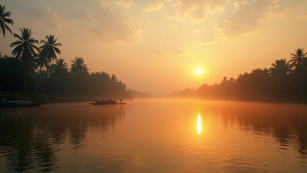 Wide angle view of a peaceful Thai river landscape at sunset