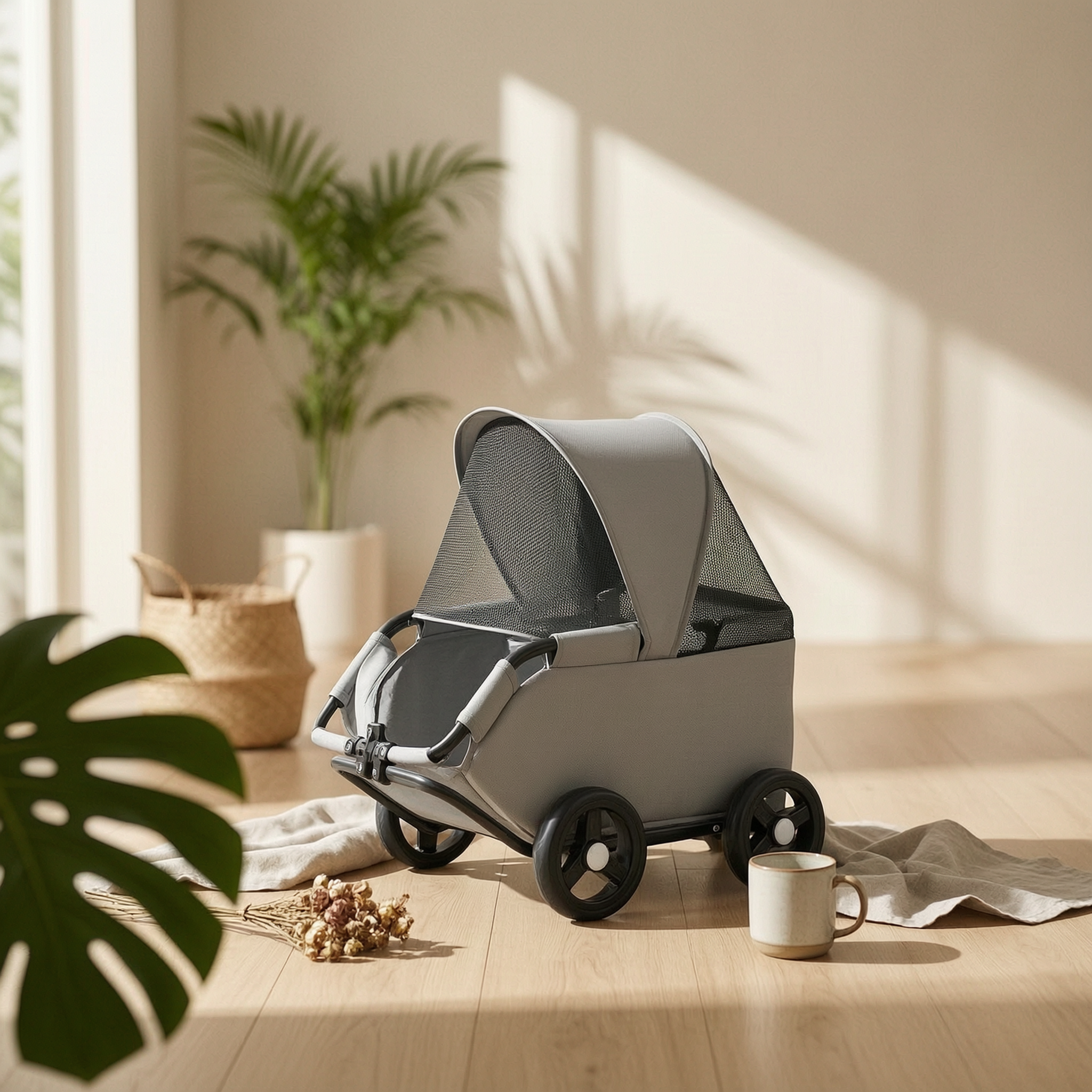 Four-Wheel Pet Stroller Compact Dog Stroller with Canopy Easy-to-Maneuver Roomy