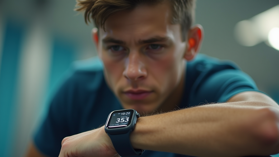 Eye-level view of a young athlete measuring their training load with a smartwatch