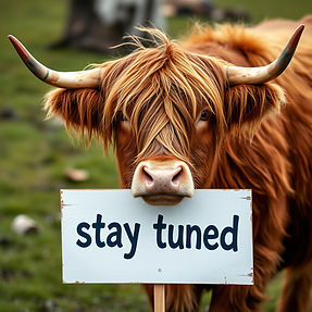 Hairy brown Highlander cow holding a picket sign saying, _stay tuned_.jpg