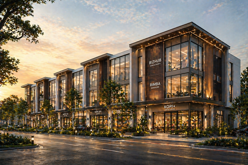 Modern design and build Brunei commercial complex at sunset.