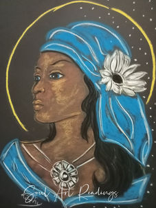 Woman with blue headscarf, white flower, and Soul Art Readings displayed on art.