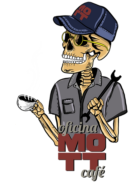 Caveira com óculos, bone da Mott, chave de boca em uma mãe e xÃcara de café na outra.