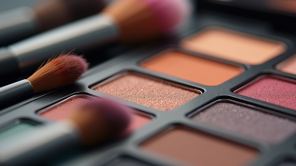 Close-up view of makeup brushes and colorful eyeshadow palette