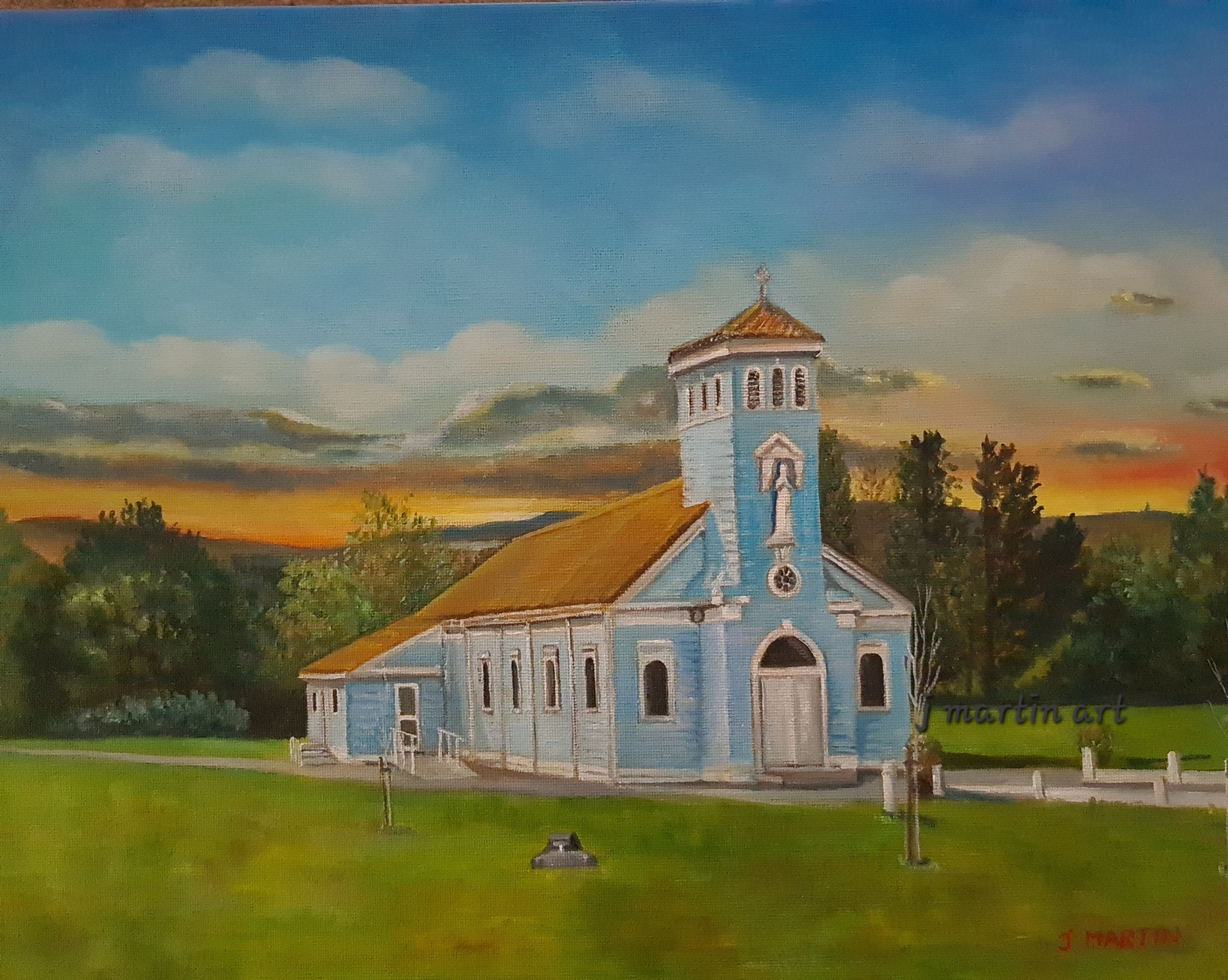Oil painting of Our Lady of the Wayside Church, Kilternan, The Blue Church.