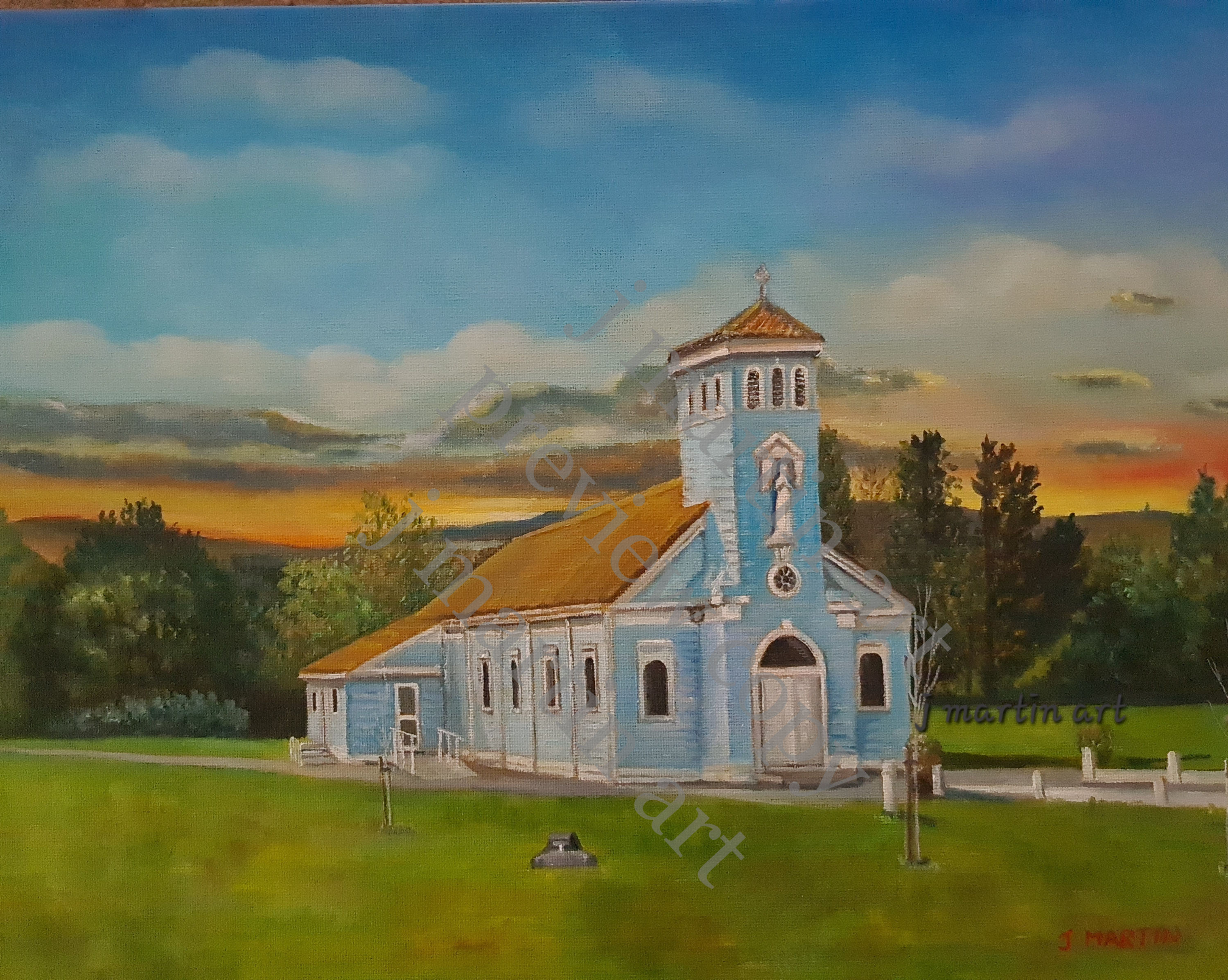 Oil painting of Our Lady of the Wayside Church, Kilternan, The Blue Church.