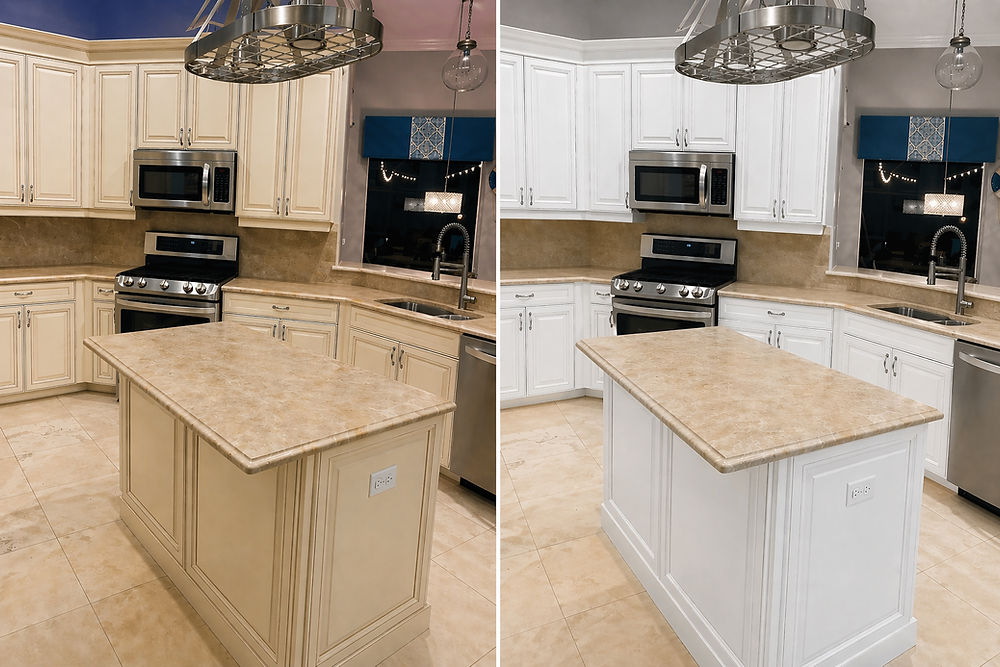 Before and after kitchen cabinet painting in
Cape Coral, Florida with updated white finish and modern look.