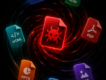 Icone di file (HTML, PDF) attorno a un documento rosso che mostra il simbolo di un malware, su sfondo scuro: un convertitore può restituire file infetti
