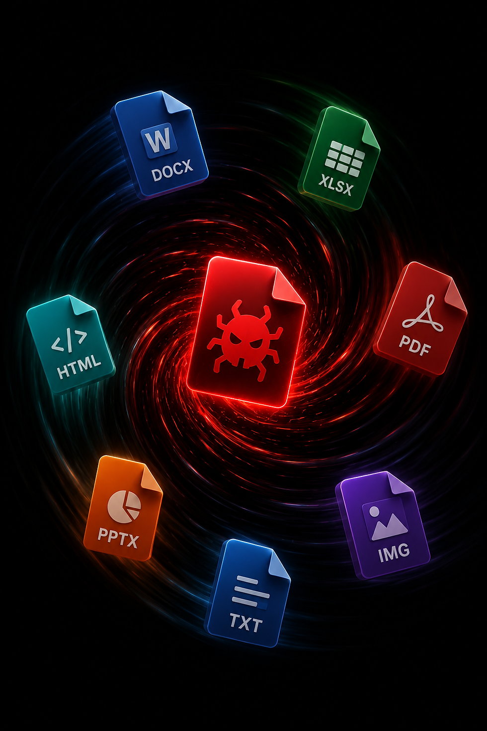 Icone di file (HTML, PDF) attorno a un documento rosso che mostra il simbolo di un malware, su sfondo scuro: un convertitore può restituire file infetti