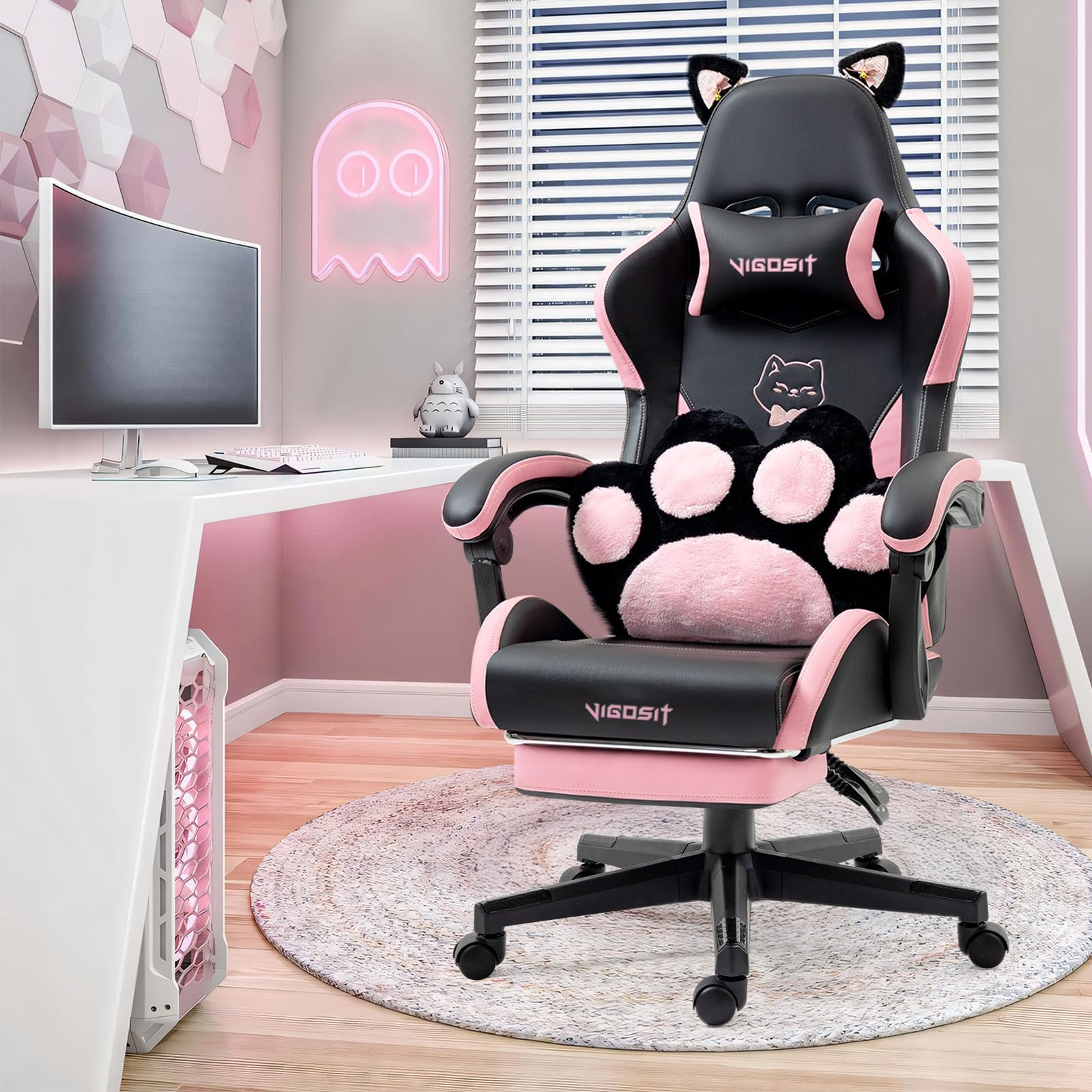 Vigosit Cute Gaming Chair with Cat Paw Lumbar Cushion and Cat Ears Ergonomic Com