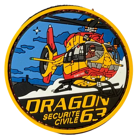 Écusson PVC 2D Dragon 63 avec hélicoptère H145 D3 jaune et rouge de la Sécurité Civile en vol