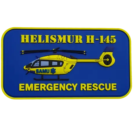 Écusson PVC 3D rectangulaire Hélismur 21 avec hélicoptère H145 jaune du SAMU sur fond bleu