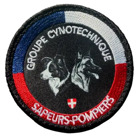 Écusson brodé et sublimé du groupe cynotechnique SDIS 73 avec Border Collie, Malinois et blason de Savoie