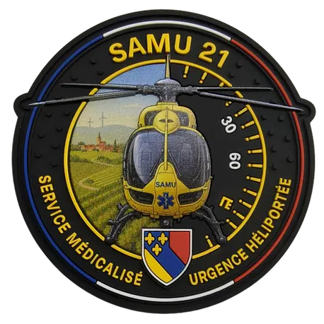 Écusson rond PVC 3D Hélismur SAMU 21 avec hélicoptère H145 de face et pales dépassant du contour