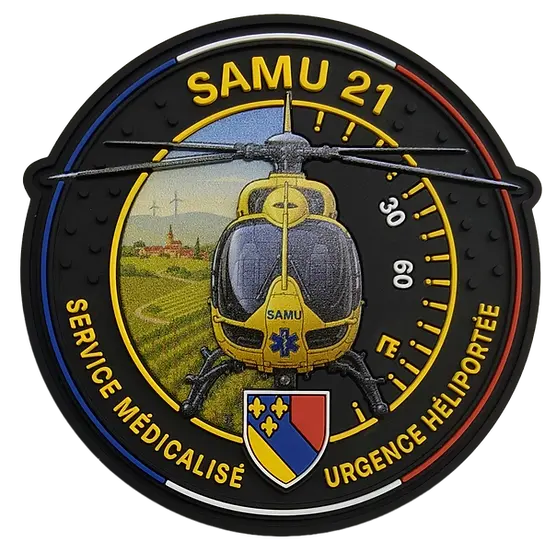 Écusson rond PVC 3D Hélismur SAMU 21 avec hélicoptère H145 de face et pales dépassant du contour