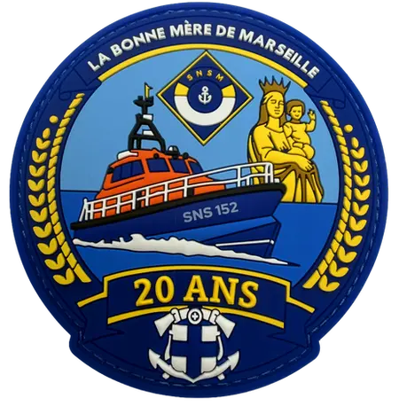 Écusson PVC 3D des 20 ans de la SNS 152 avec vedette, Bonne Mère de Marseille et emblème des marins-pompiers