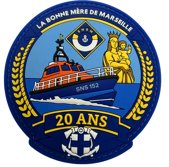 Écusson PVC 3D des 20 ans de la SNS 152 avec vedette, Bonne Mère de Marseille et emblème des marins-pompiers
