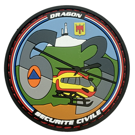 Écusson PVC 2D Dragon 63 avec hélicoptère de la Sécurité Civile, grand nombre 63 et silhouette du puy de Dôme