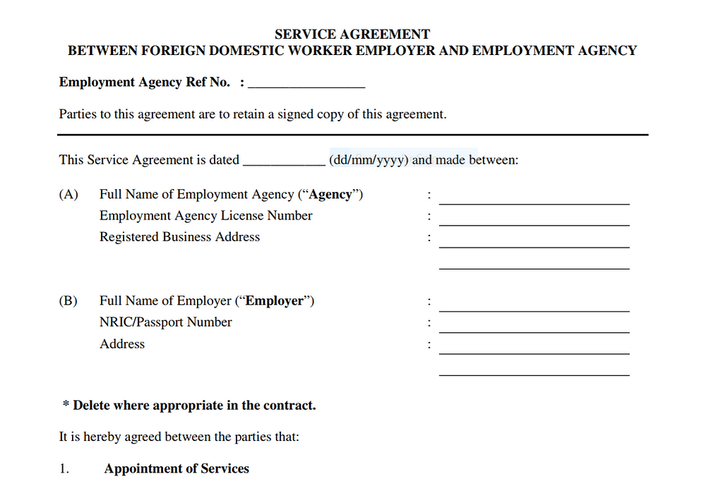Sample Service Agreement between Domestic Worker Employer and Maid Agency