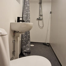 Moderne badkamer met toilet, wastafel en douche bij Pippin.