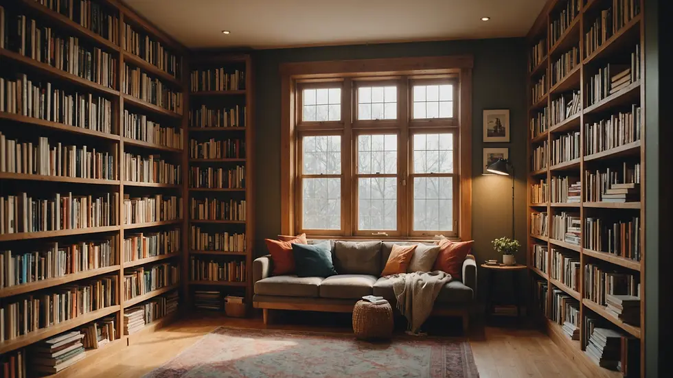Eye-level view of a cozy reading nook with books