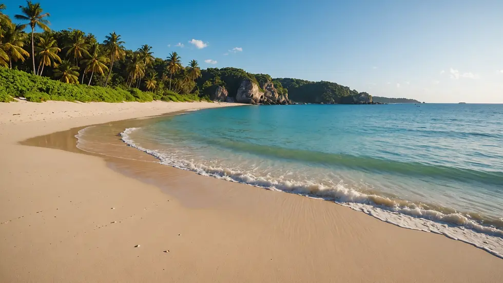 Wide angle view of a tranquil beach setting perfect for remote work