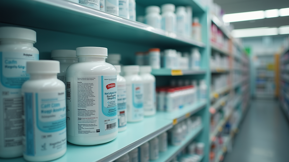 Eye-level view of a pharmacy shelf stocked with various medications