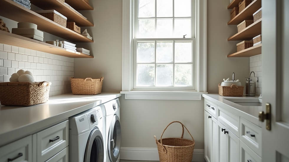 Eye-level view of organized laundry room featuring custom cabinets