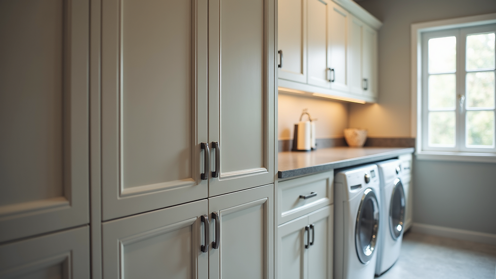 Close-up view of custom laundry room cabinets with ample storage