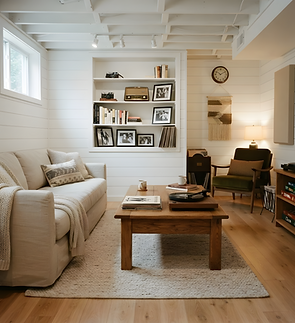 The most analog and photorealistic image of a white yet very cozy yet uncluttered newly r