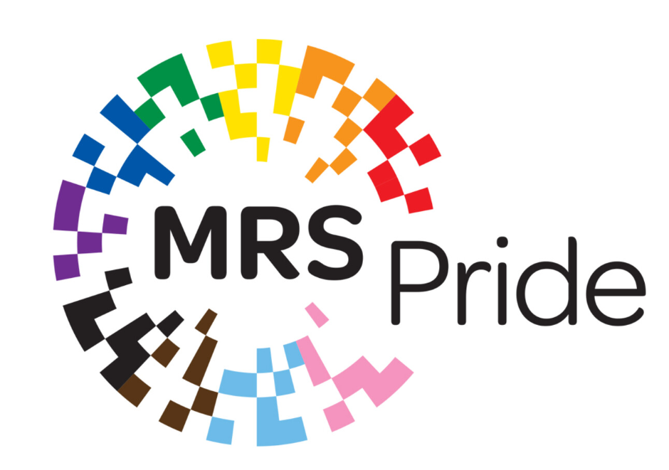 Rainbow shapes around the word MRSPride