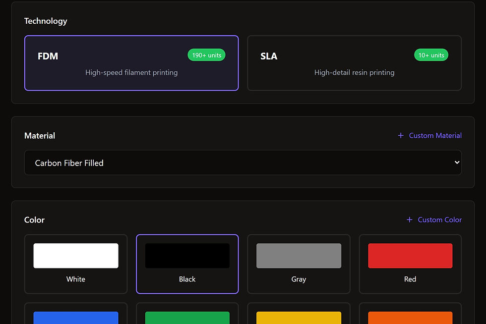 3Descu quote calculator configure step with a carbon fibre filled filament selected as the material