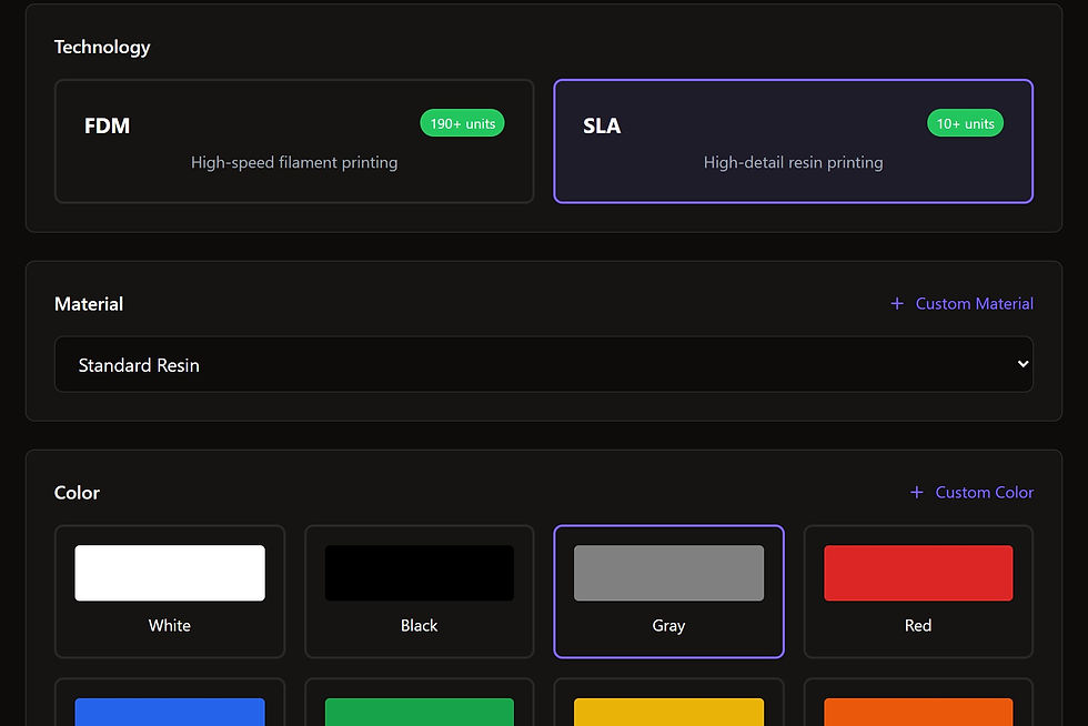 3Descu quote calculator configure step with standard resin on the SLA process selected as the material