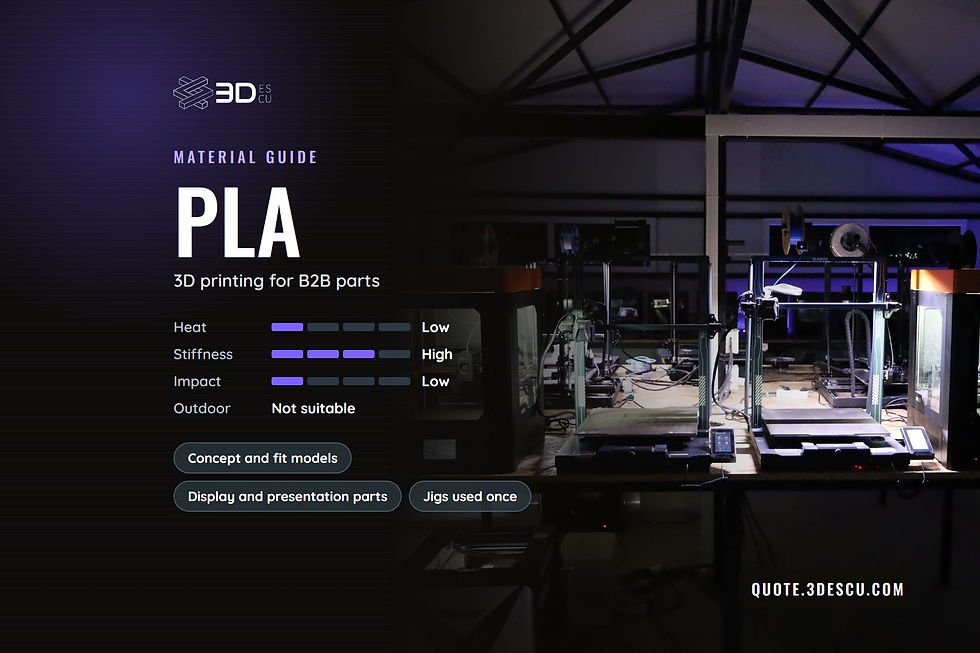 PLA material guide cover: heat, stiffness, impact and outdoor ratings, with typical uses, over the 3Descu production hall