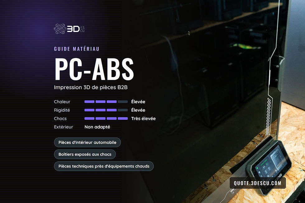 Couverture du guide matériau PC-ABS : notes de tenue à la chaleur, rigidité, résistance aux chocs et usage extérieur, avec les usages types, sur fond d'atelier de production 3Descu