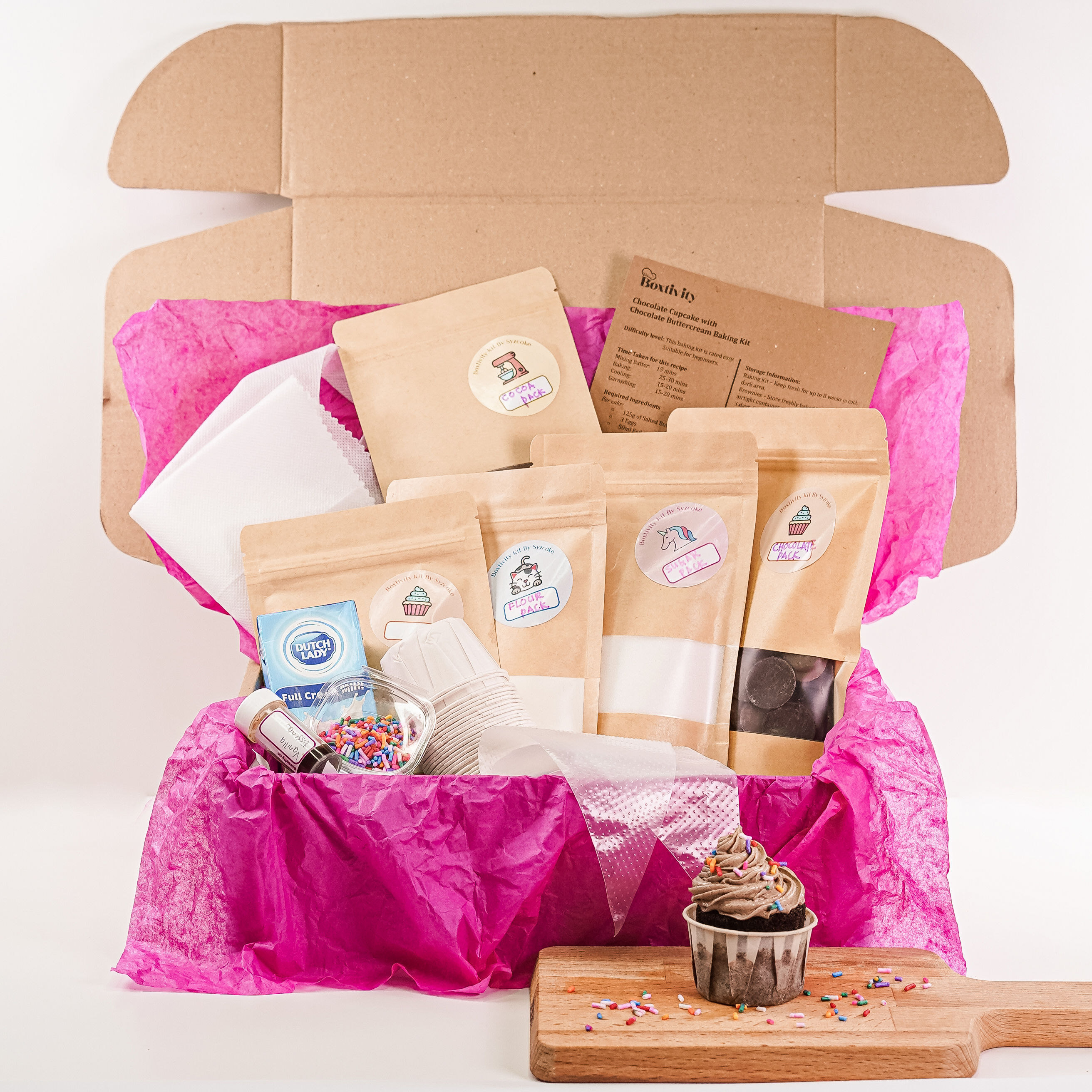 FULL PACKAGE: CHOCOLATE CUPCAKE with CHOCOLATE BUTTERCREAM FROSTING BAKING KIT