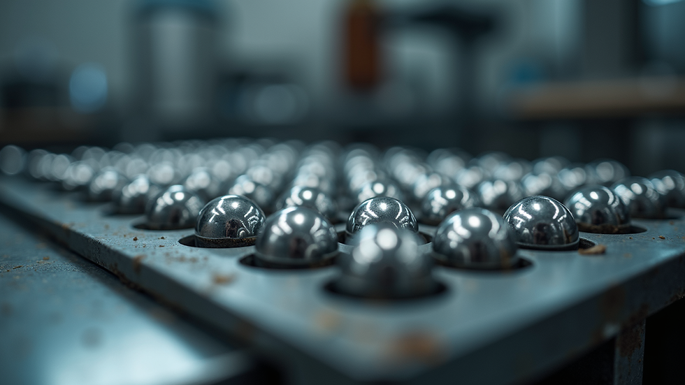Eye-level view of precision steel balls in a manufacturing tray