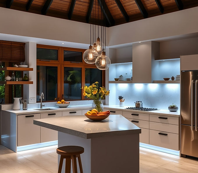 create a Mauritian styled kitchen , elegant with LED lights .jpg