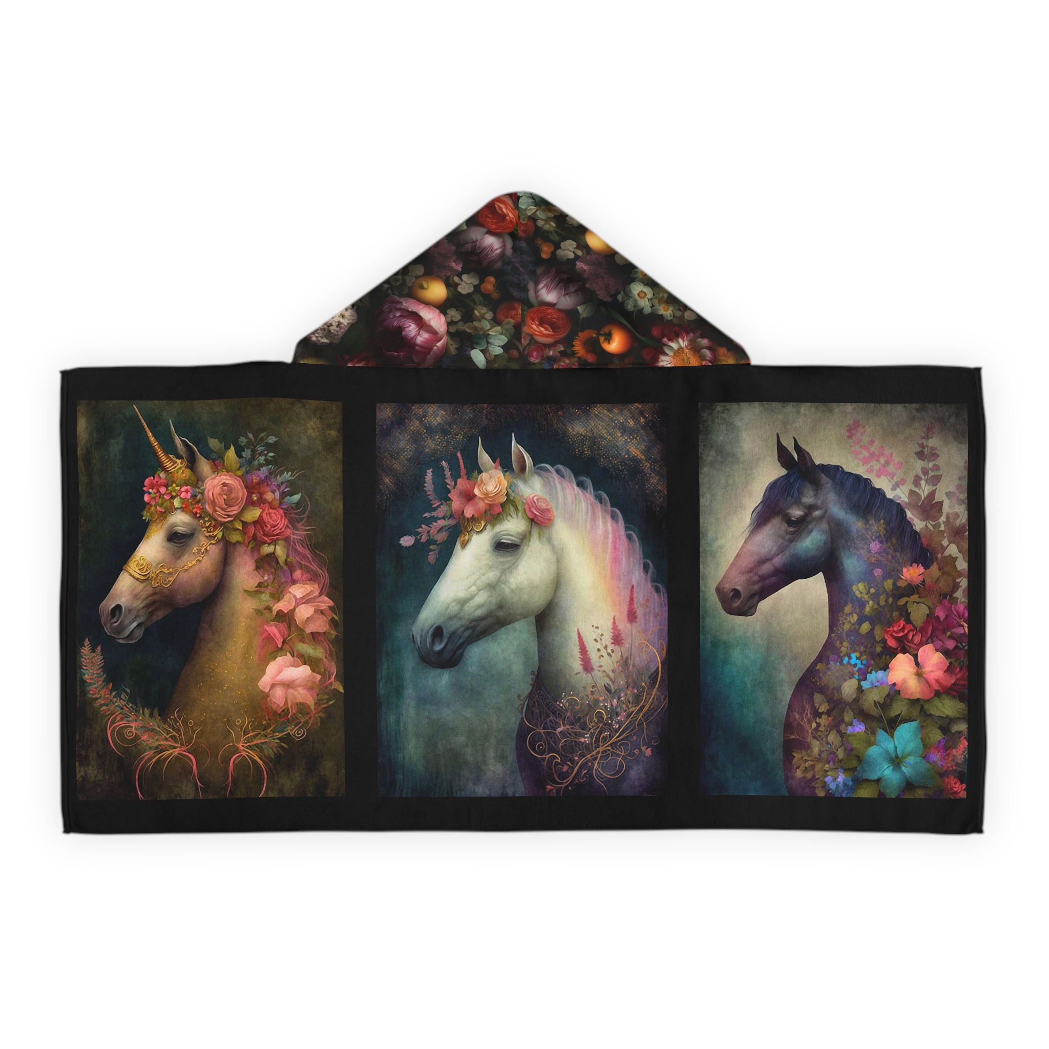 Youth Hooded Towel - Flower Adorned Horses and Unicorn Summer Beach Towel