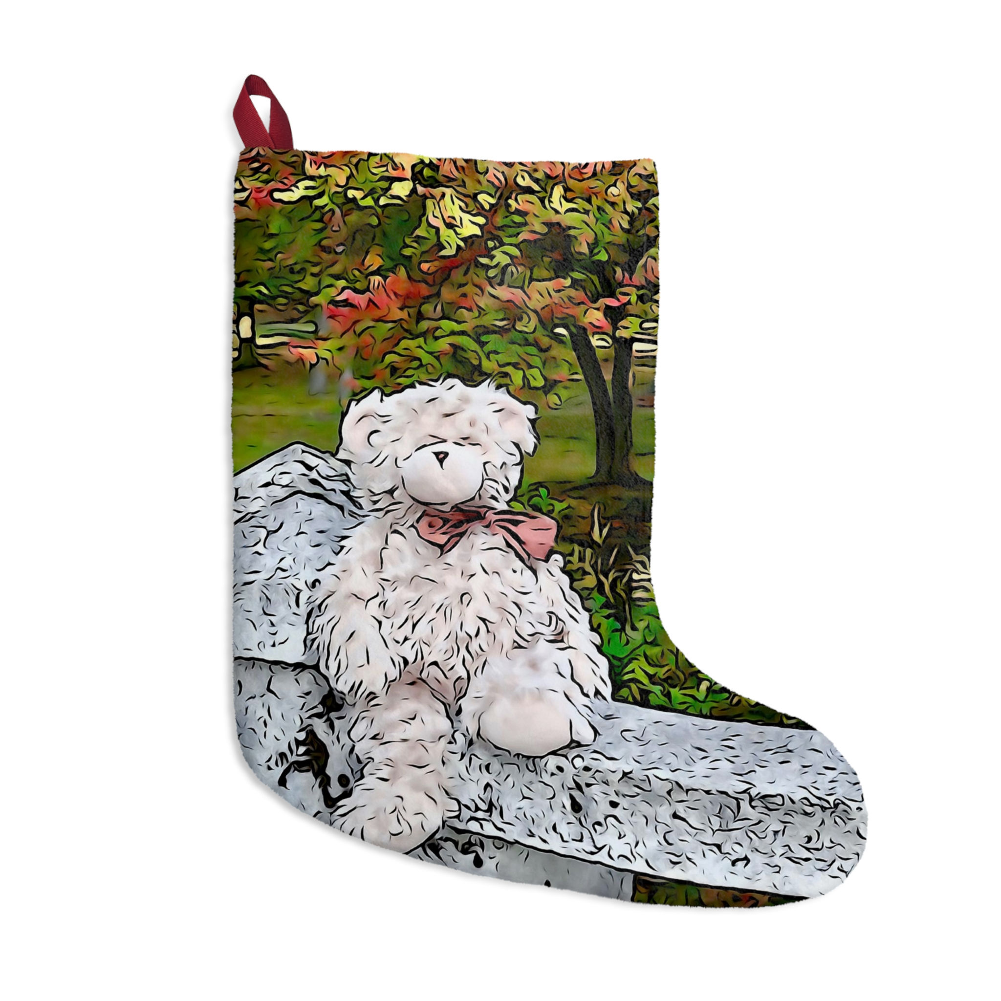 Teddy on the Bridge in Autumn Christmas Stocking