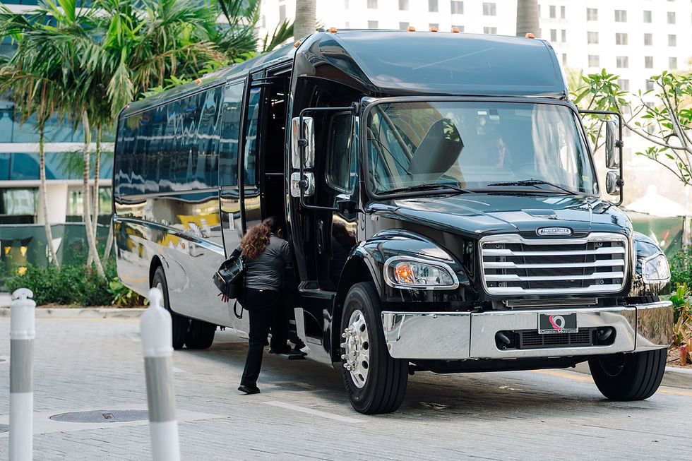 Woman boarding a sleek black bus on a sunny day. Palm trees and modern buildings in the background create a tropical urban setting.