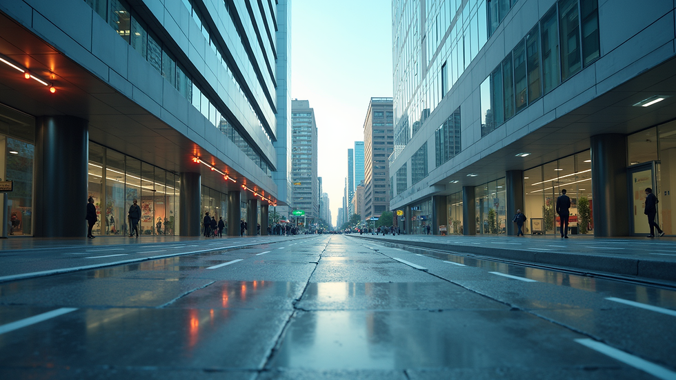 Wide angle view of a modern urban landscape with digital elements