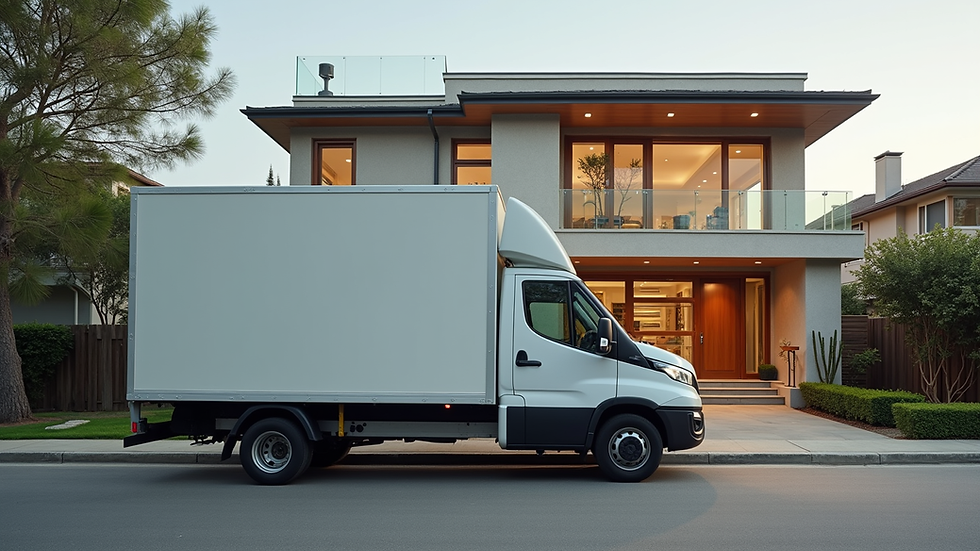 Eye-level view of a delivery van parked outside a modern house
