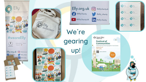 collage of images featuring Elly Charity's faded logo in the background. In the foreground, there are pictures of a roller banner, leaflets, bags, and stickers, showcasing promotional materials for the Festival of Communities event. The poster prominently displays the text 'We are gearing up!