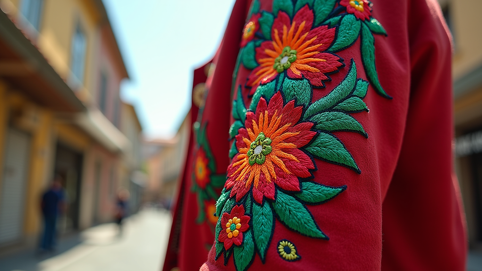 Eye-level view of a custom embroidered jacket with vibrant Latinx-inspired design