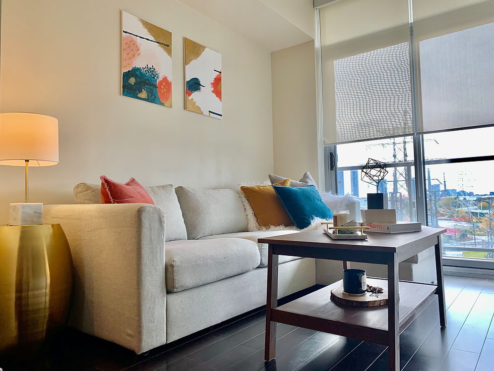 Side view of the sofa and new coffee table